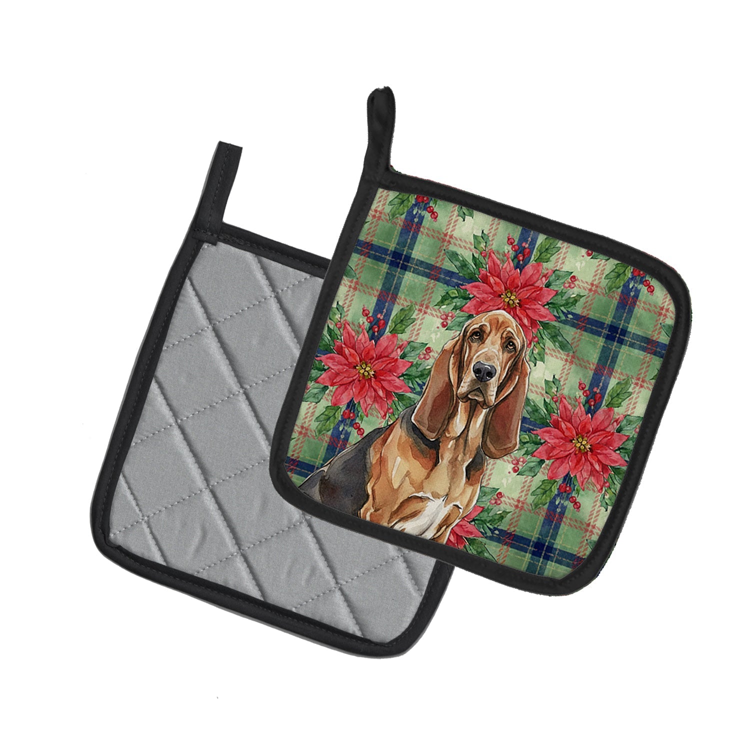 Liver and Tan Bloodhound Christmas PoinsettIas Pot Holder Set of 2 Heat Resistant Quilted Hot Pads 7.5 x 7.5 Inch, Insulated Kitchen Trivets for Cooking & Baking