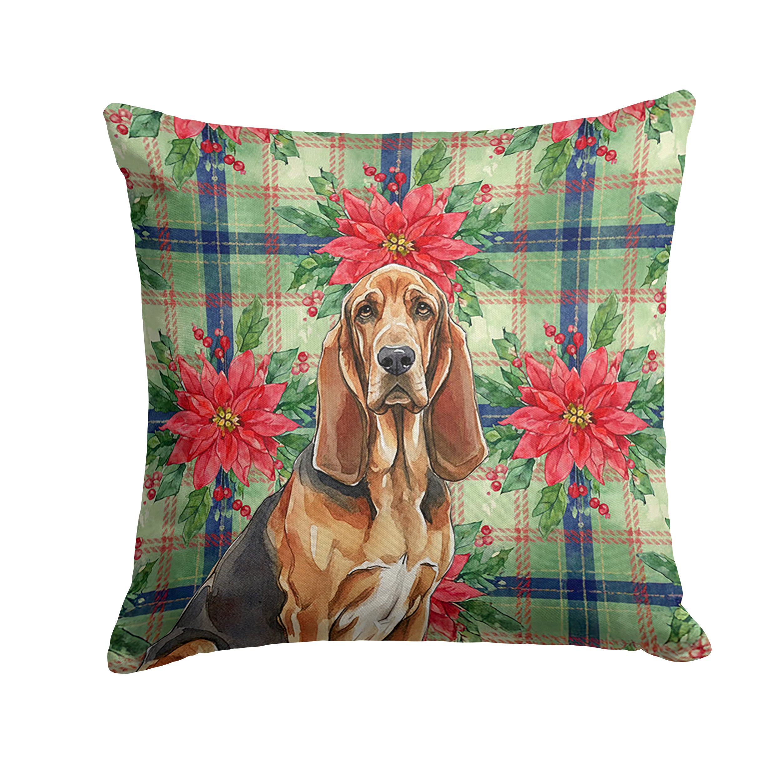 Liver and Tan Bloodhound Christmas PoinsettIas Decorative Throw Pillow 14x14 Indoor Outdoor Accent Cushion, Fabric Cover with Insert for Sofa, Bed, Porch & Living Room