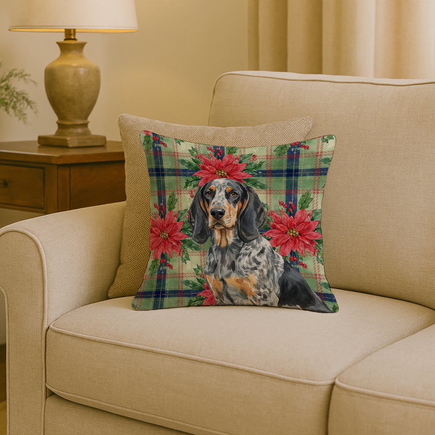 Bluetick Coonhound Christmas PoinsettIas Decorative Throw Pillow 18x18 Indoor Outdoor Accent Cushion, Fabric Cover with Insert for Sofa, Bed, Porch & Living Room