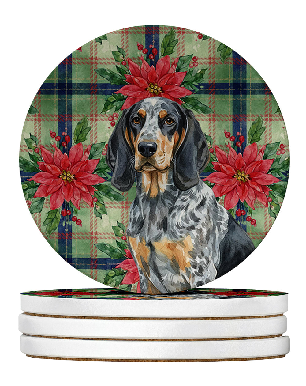 Bluetick Coonhound Christmas PoinsettIas Large Sandstone Coasters Pack of 4 Absorbent Round Coasters Decor Gifts for Men or Women, 4 in, Multicolor