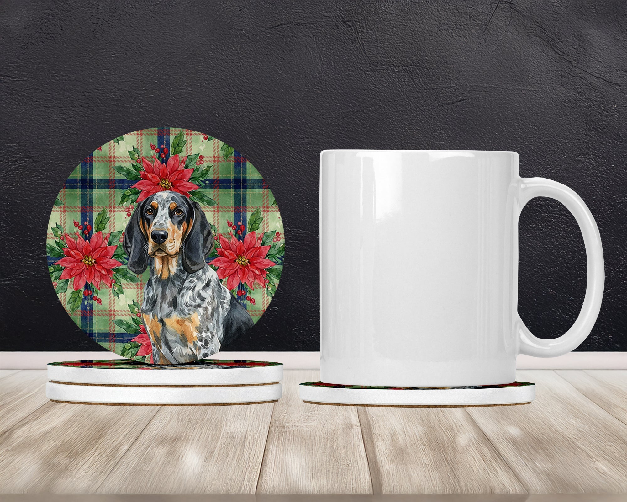 Bluetick Coonhound Christmas PoinsettIas Large Sandstone Coasters Pack of 4 Absorbent Round Coasters Decor Gifts for Men or Women, 4 in, Multicolor