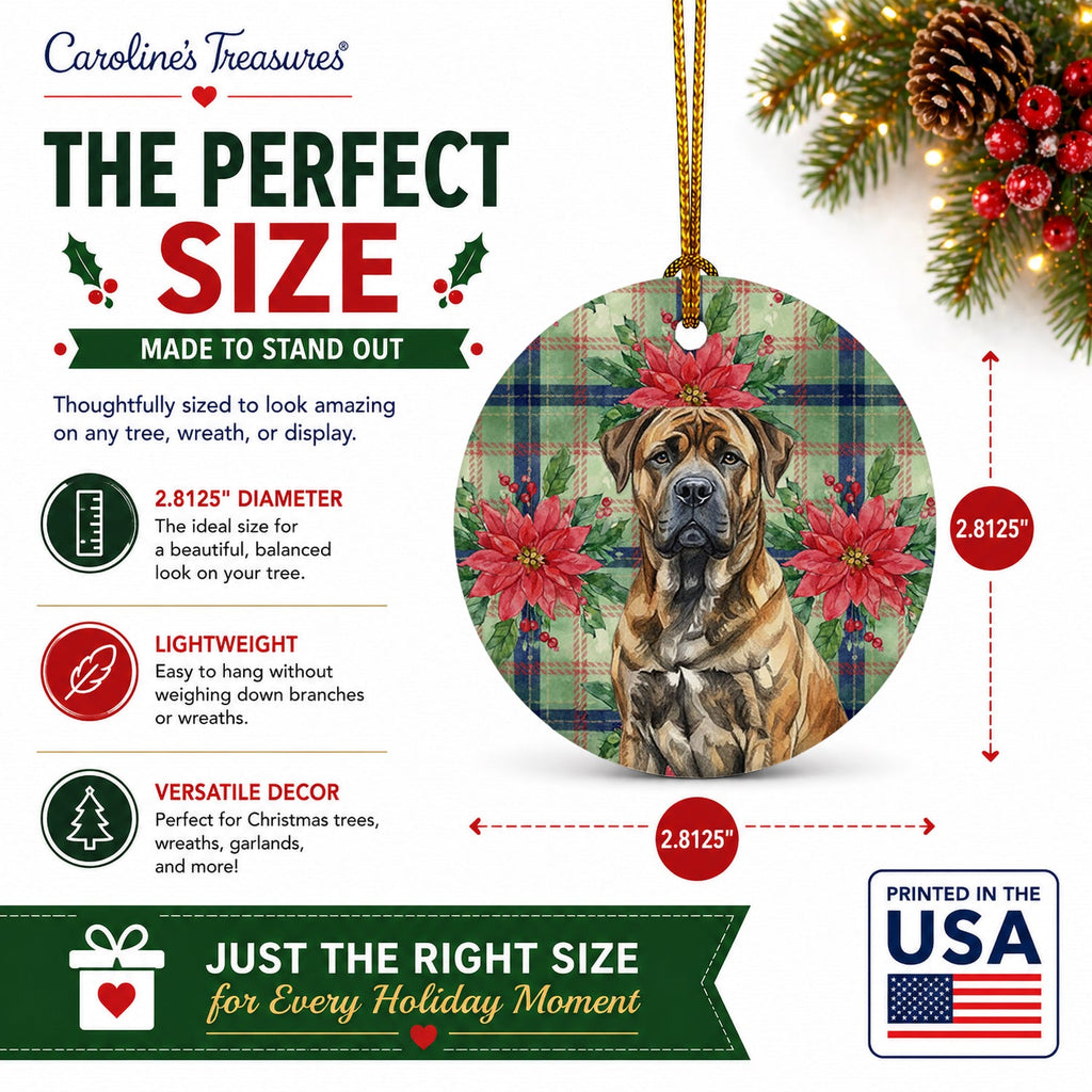Brindle Boerboel Christmas PoinsettIas Ceramic Ornament Christmas Tree Hanging Decorations for Home Christmas Holiday, Party, Gift, 3 in, Multicolor