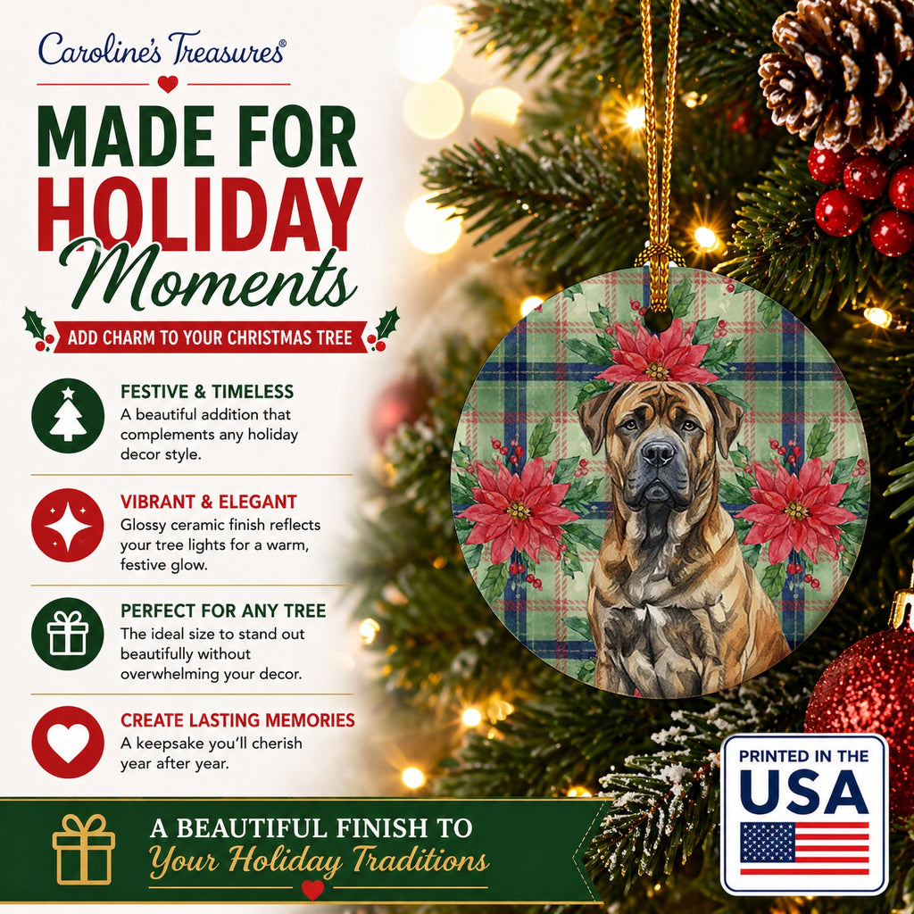 Brindle Boerboel Christmas PoinsettIas Ceramic Ornament Christmas Tree Hanging Decorations for Home Christmas Holiday, Party, Gift, 3 in, Multicolor