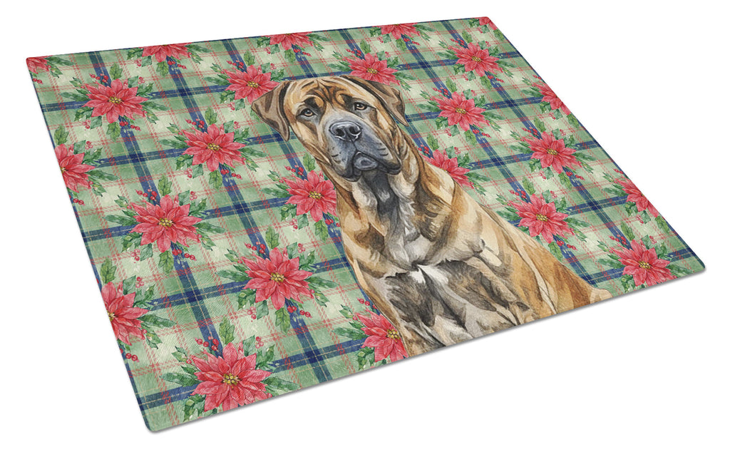 Brindle Boerboel Christmas PoinsettIas Cutting Board Tempered Glass Kitchen Cutting Surface, Heat Resistant Chopping, Non-Slip Feet, Food Prep & Serving