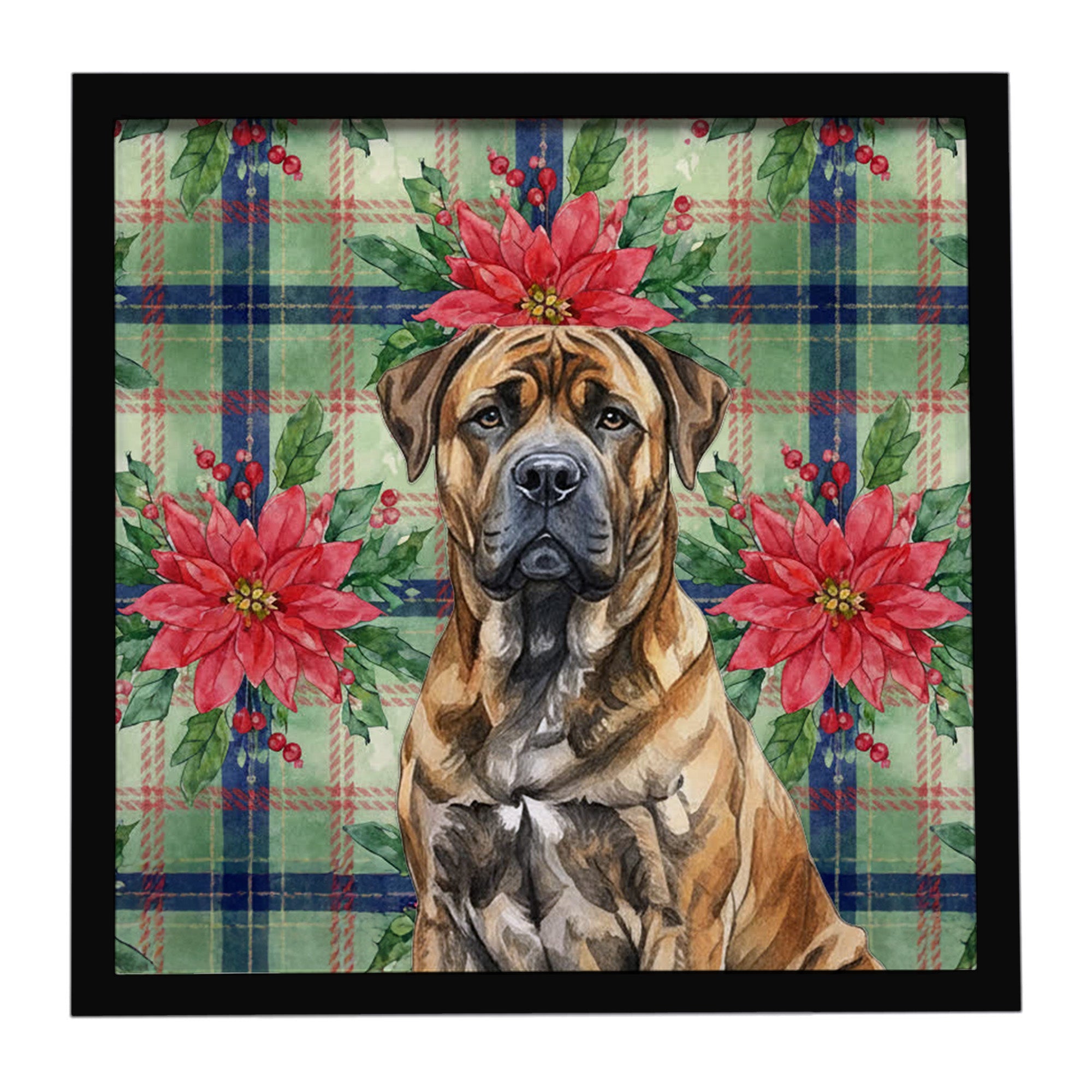Brindle Boerboel Christmas PoinsettIas Framed Metal Print Bathroom, Kitchen, Office, Home Decor Wall Art Ready to Hang, Square, 8X8