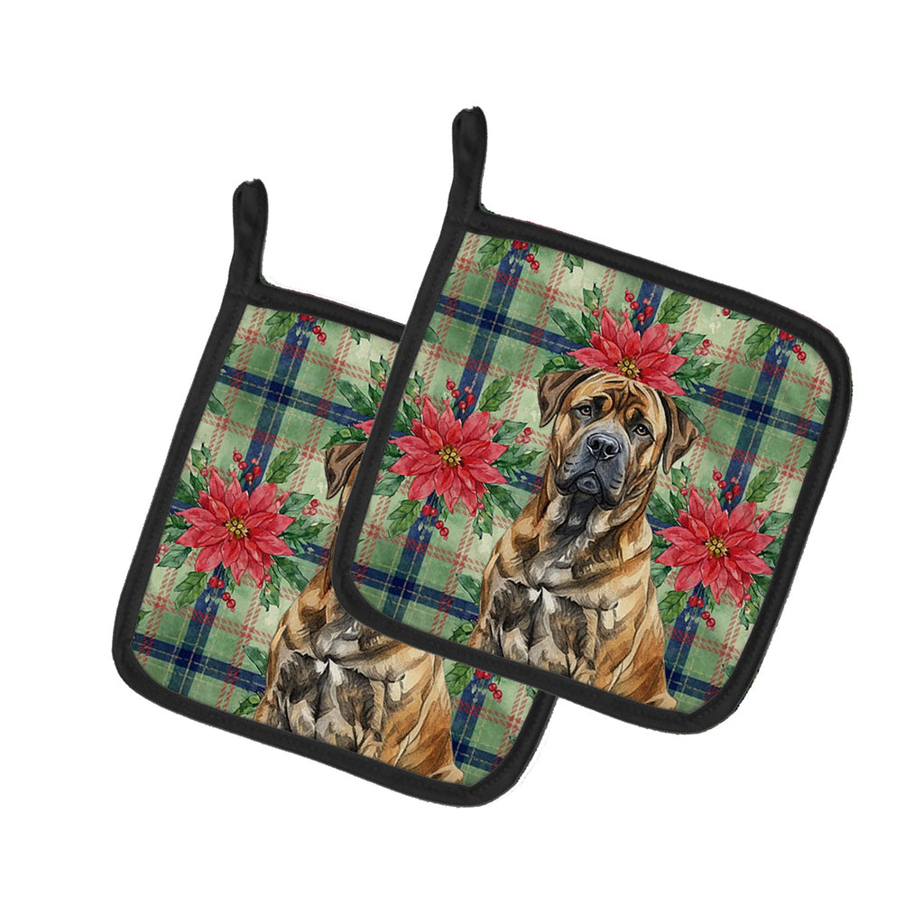 Brindle Boerboel Christmas PoinsettIas Pot Holder Set of 2 Heat Resistant Quilted Hot Pads 7.5 x 7.5 Inch, Insulated Kitchen Trivets for Cooking & Baking