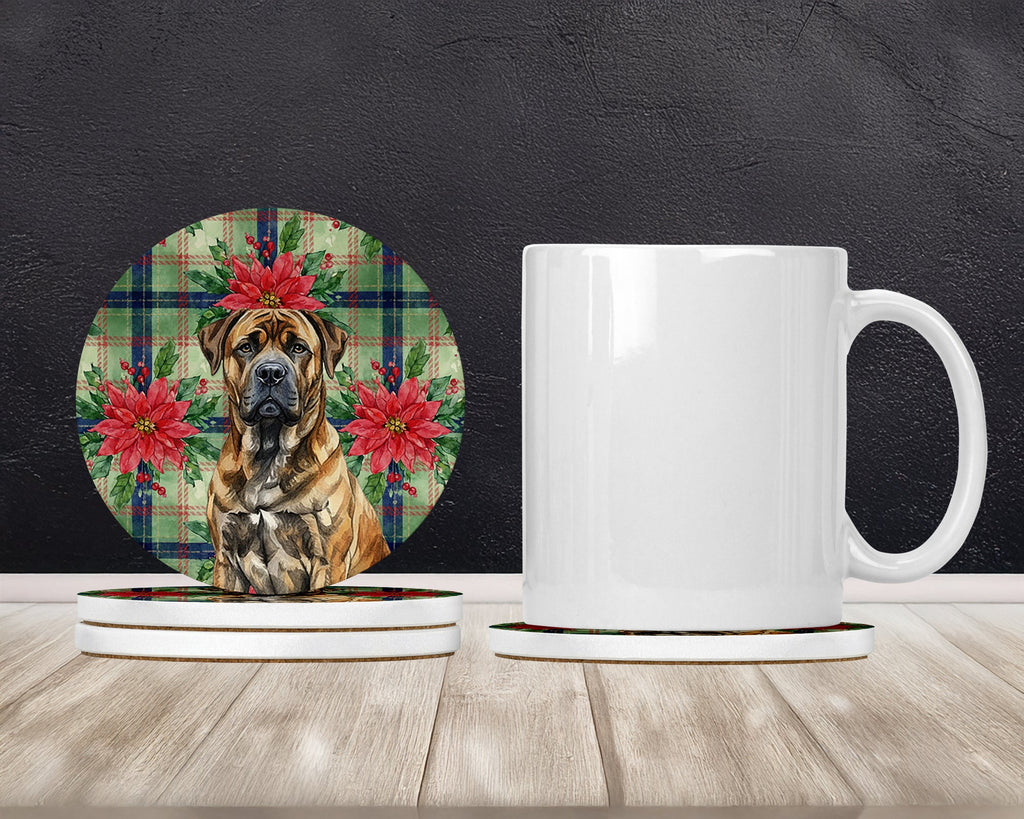 Brindle Boerboel Christmas PoinsettIas Large Sandstone Coasters Pack of 4 Absorbent Round Coasters Decor Gifts for Men or Women, 4 in, Multicolor