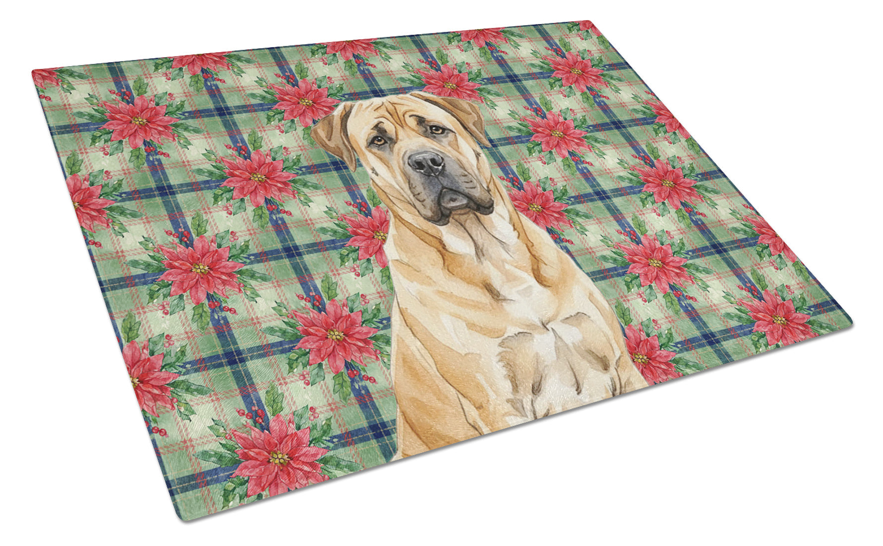 Fawn Boerboel Christmas PoinsettIas Cutting Board Tempered Glass Kitchen Cutting Surface, Heat Resistant Chopping, Non-Slip Feet, Food Prep & Serving