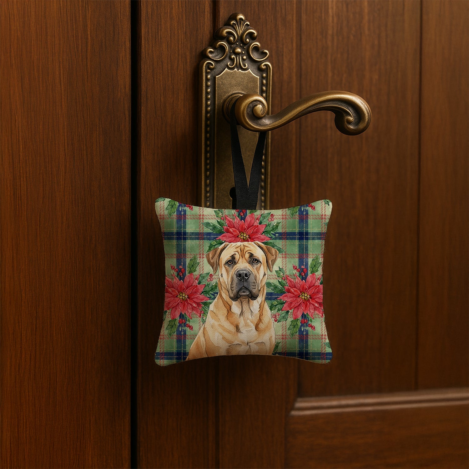 Fawn Boerboel Christmas PoinsettIas Hanging Square Fabric Ornament 3.5 � 3.5 Decorative Door-Knob & Tree Hanger, Soft Fabric