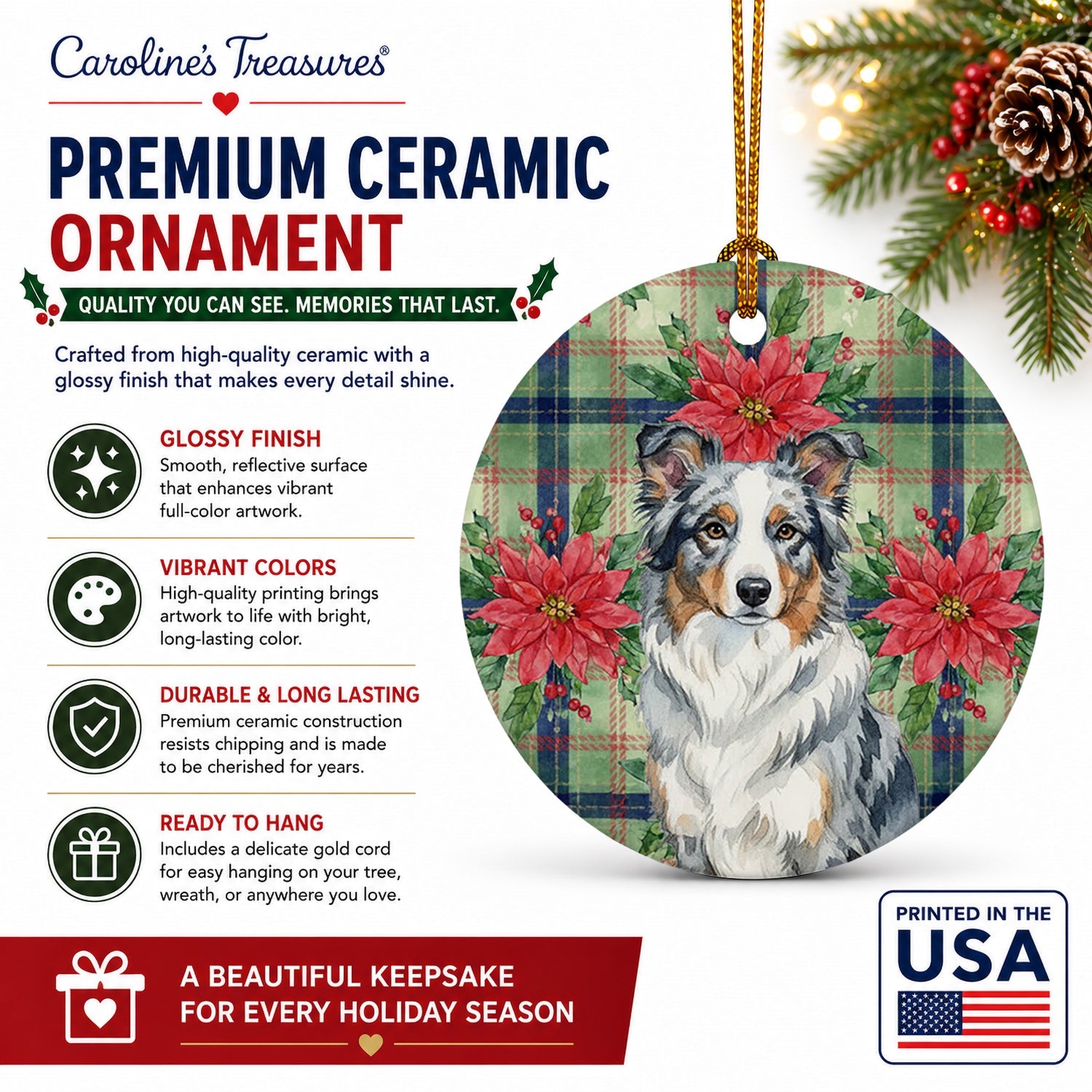 Blue Merle Border Collie Christmas PoinsettIas Ceramic Ornament Christmas Tree Hanging Decorations for Home Christmas Holiday, Party, Gift, 3 in, Multicolor