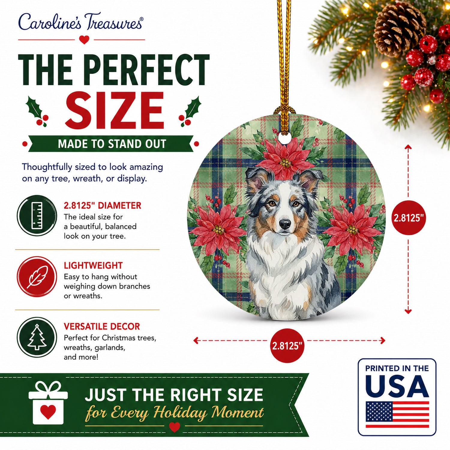 Blue Merle Border Collie Christmas PoinsettIas Ceramic Ornament Christmas Tree Hanging Decorations for Home Christmas Holiday, Party, Gift, 3 in, Multicolor