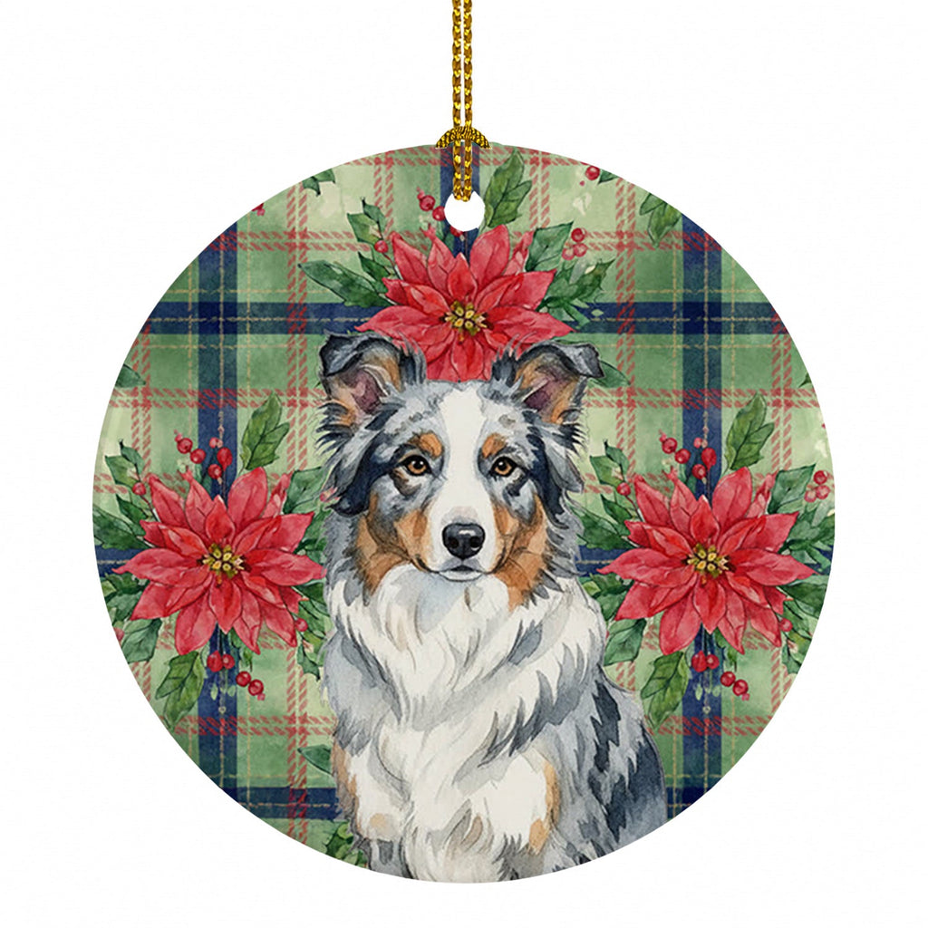 Blue Merle Border Collie Christmas PoinsettIas Ceramic Ornament Christmas Tree Hanging Decorations for Home Christmas Holiday, Party, Gift, 3 in, Multicolor