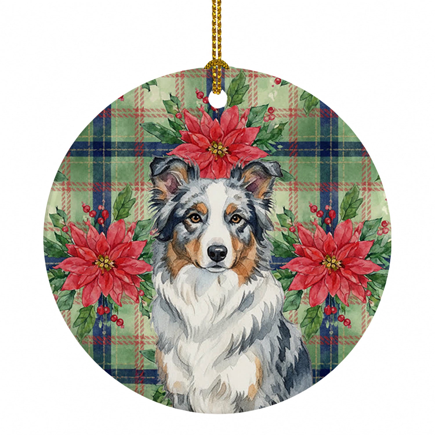 Blue Merle Border Collie Christmas PoinsettIas Ceramic Ornament Christmas Tree Hanging Decorations for Home Christmas Holiday, Party, Gift, 3 in, Multicolor