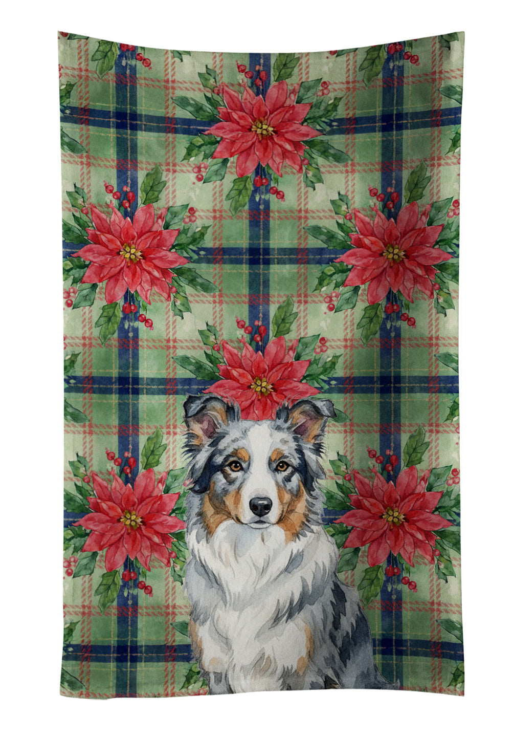 Blue Merle Border Collie Christmas PoinsettIas Kitchen Towel Velour Plush Front and Cotton Loop Back Machine Washable