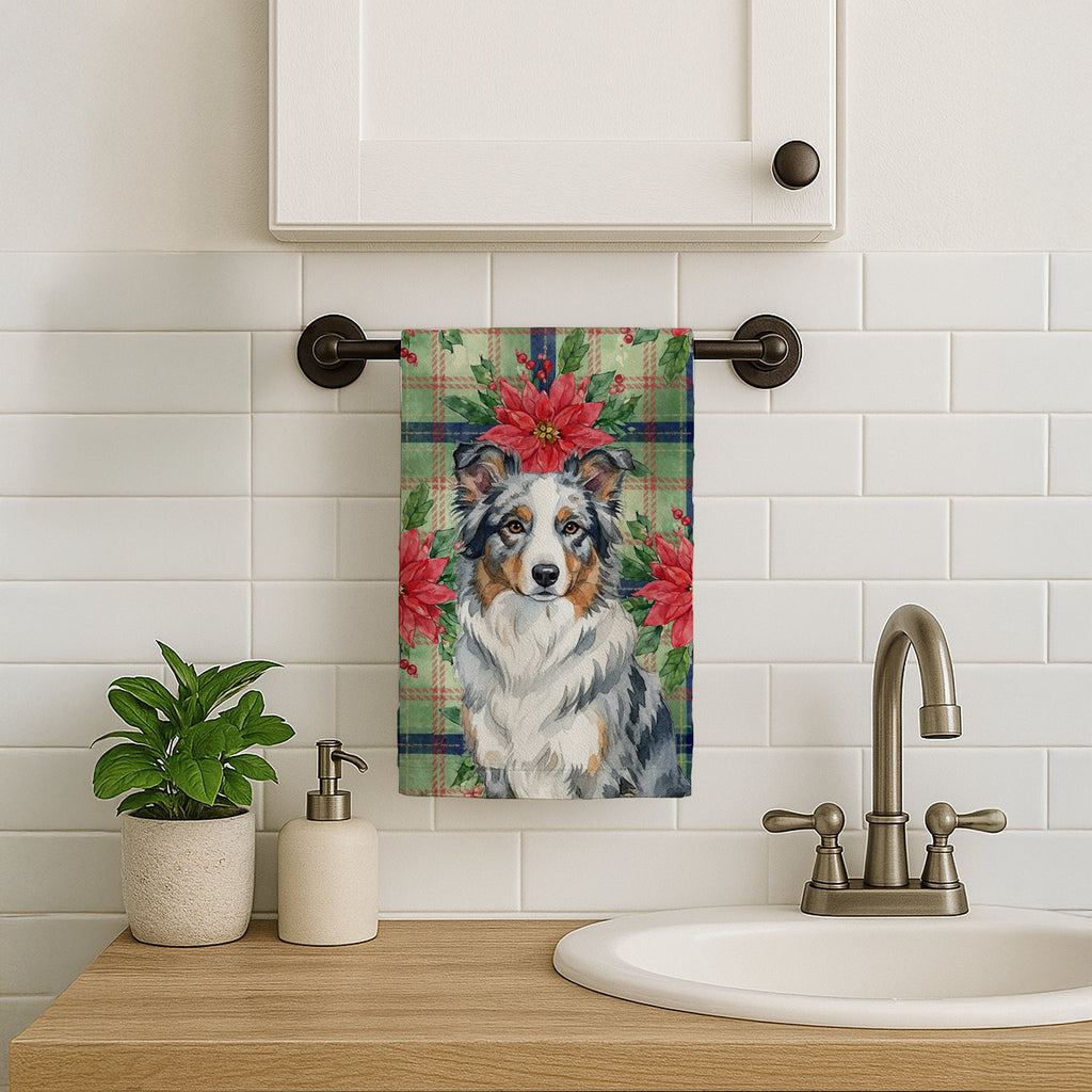 Blue Merle Border Collie Christmas PoinsettIas Kitchen Towel Velour Plush Front and Cotton Loop Back Machine Washable