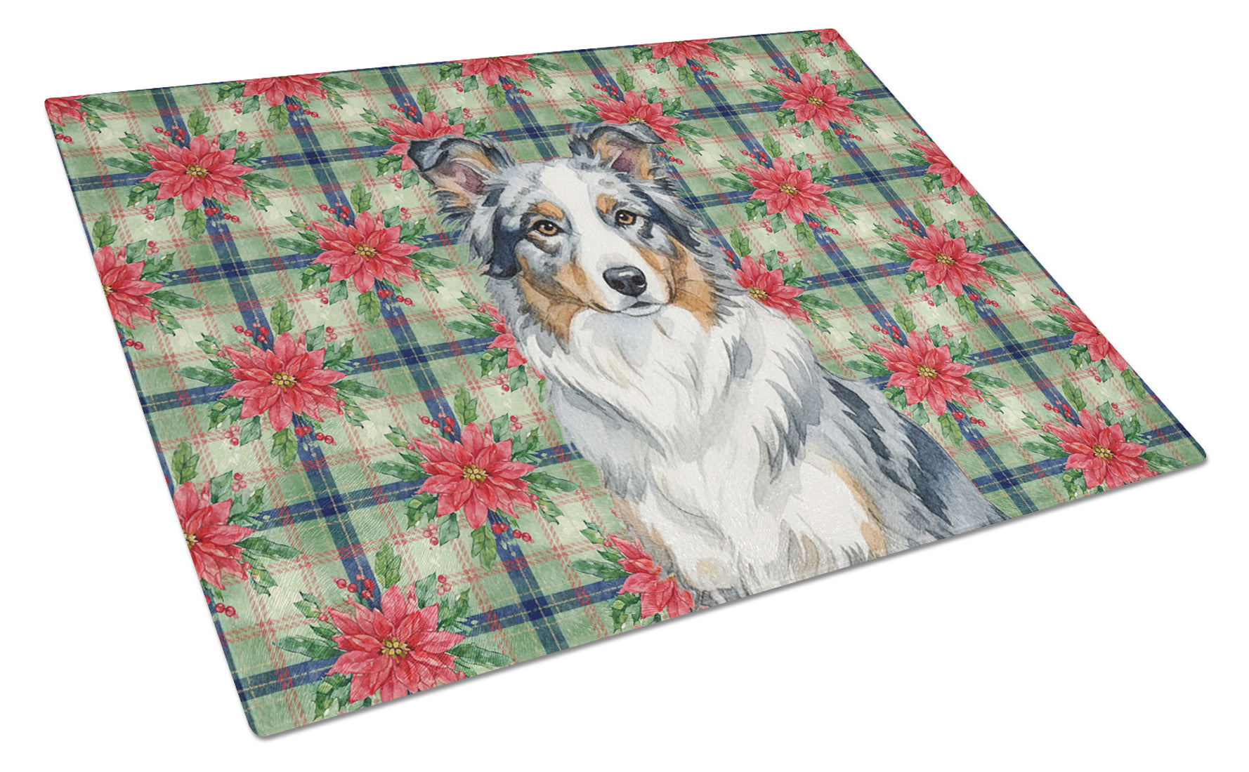 Blue Merle Border Collie Christmas PoinsettIas Cutting Board Tempered Glass Kitchen Cutting Surface, Heat Resistant Chopping, Non-Slip Feet, Food Prep & Serving