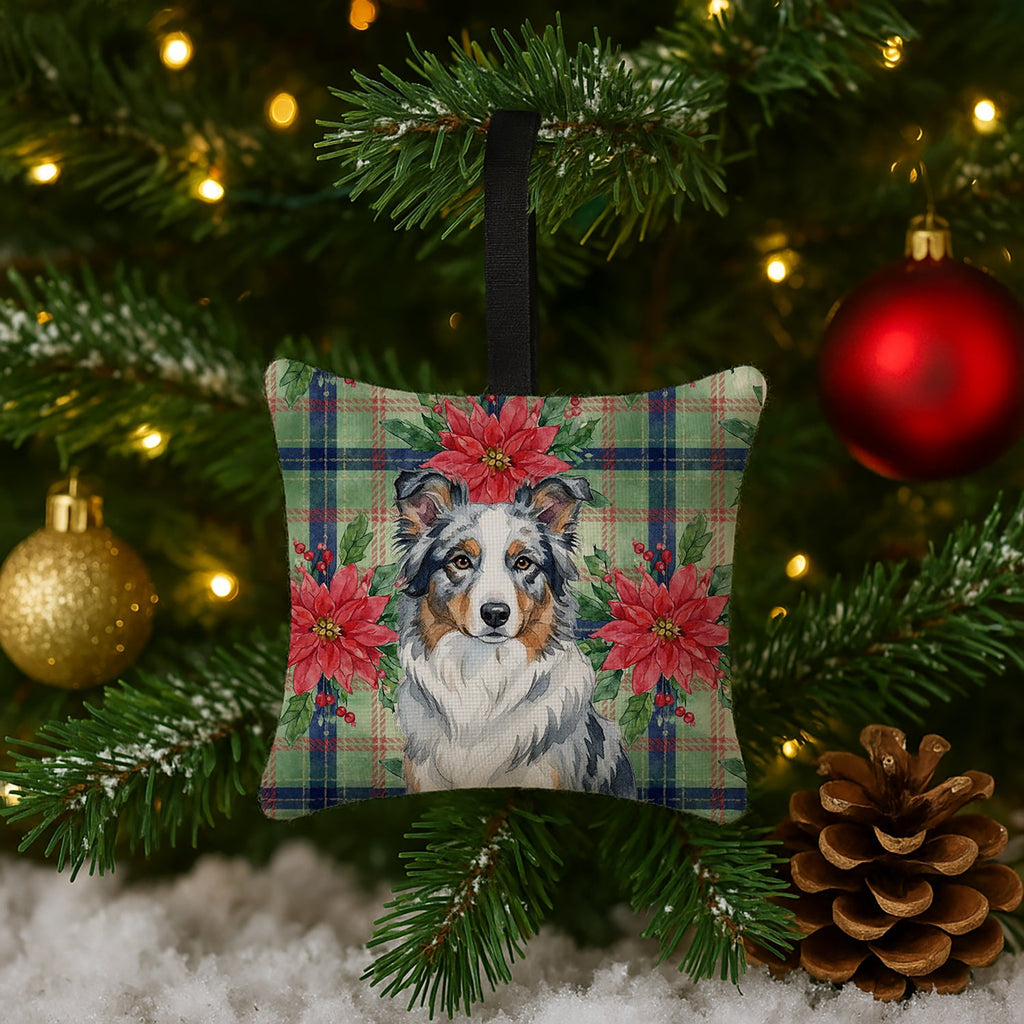 Blue Merle Border Collie Christmas PoinsettIas Hanging Square Fabric Ornament 3.5 � 3.5 Decorative Door-Knob & Tree Hanger, Soft Fabric