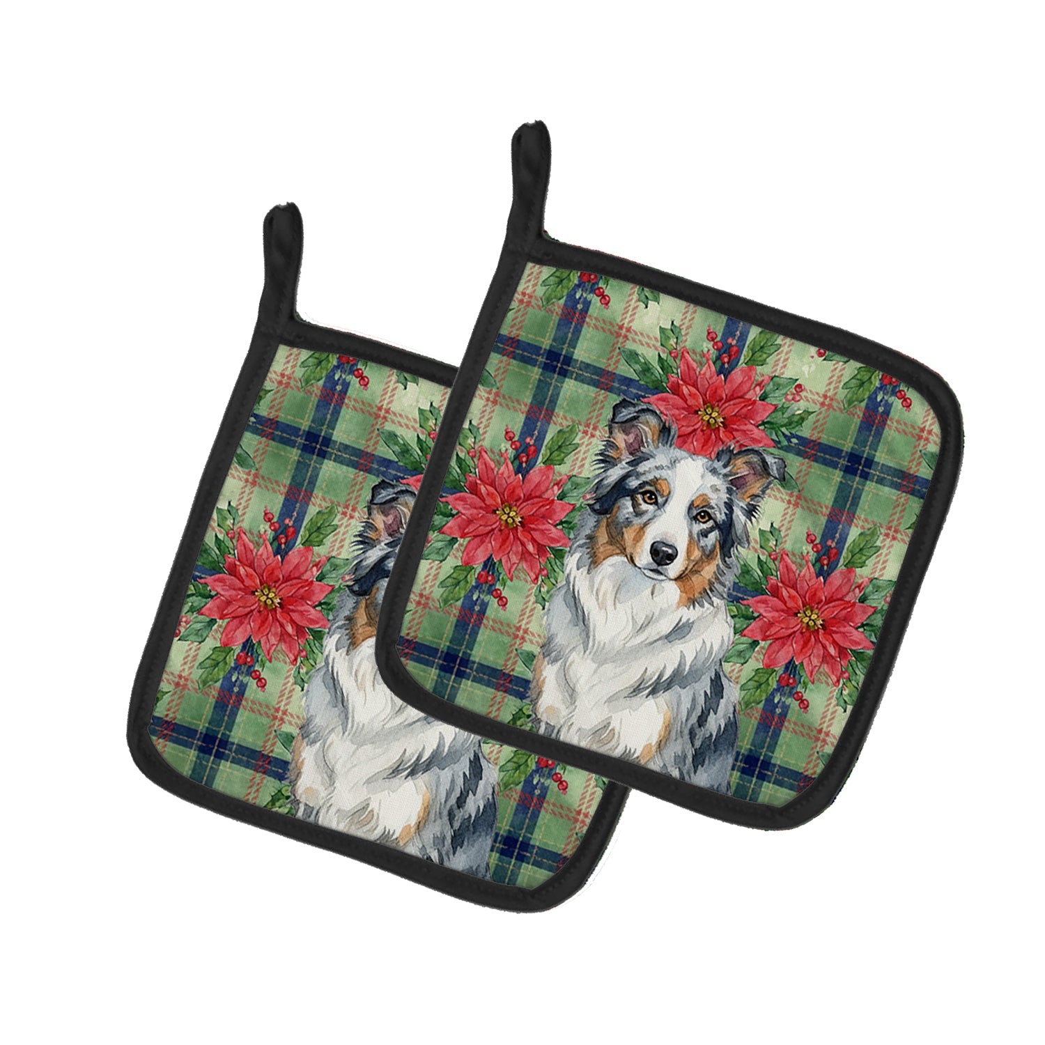 Blue Merle Border Collie Christmas PoinsettIas Pot Holder Set of 2 Heat Resistant Quilted Hot Pads 7.5 x 7.5 Inch, Insulated Kitchen Trivets for Cooking & Baking