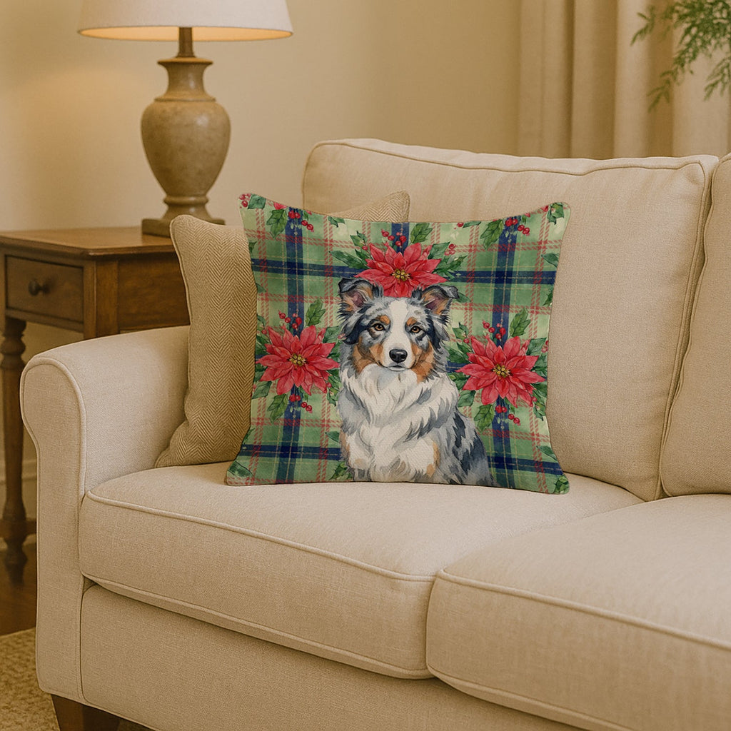 Blue Merle Border Collie Christmas PoinsettIas Decorative Throw Pillow 14x14 Indoor Outdoor Accent Cushion, Fabric Cover with Insert for Sofa, Bed, Porch & Living Room