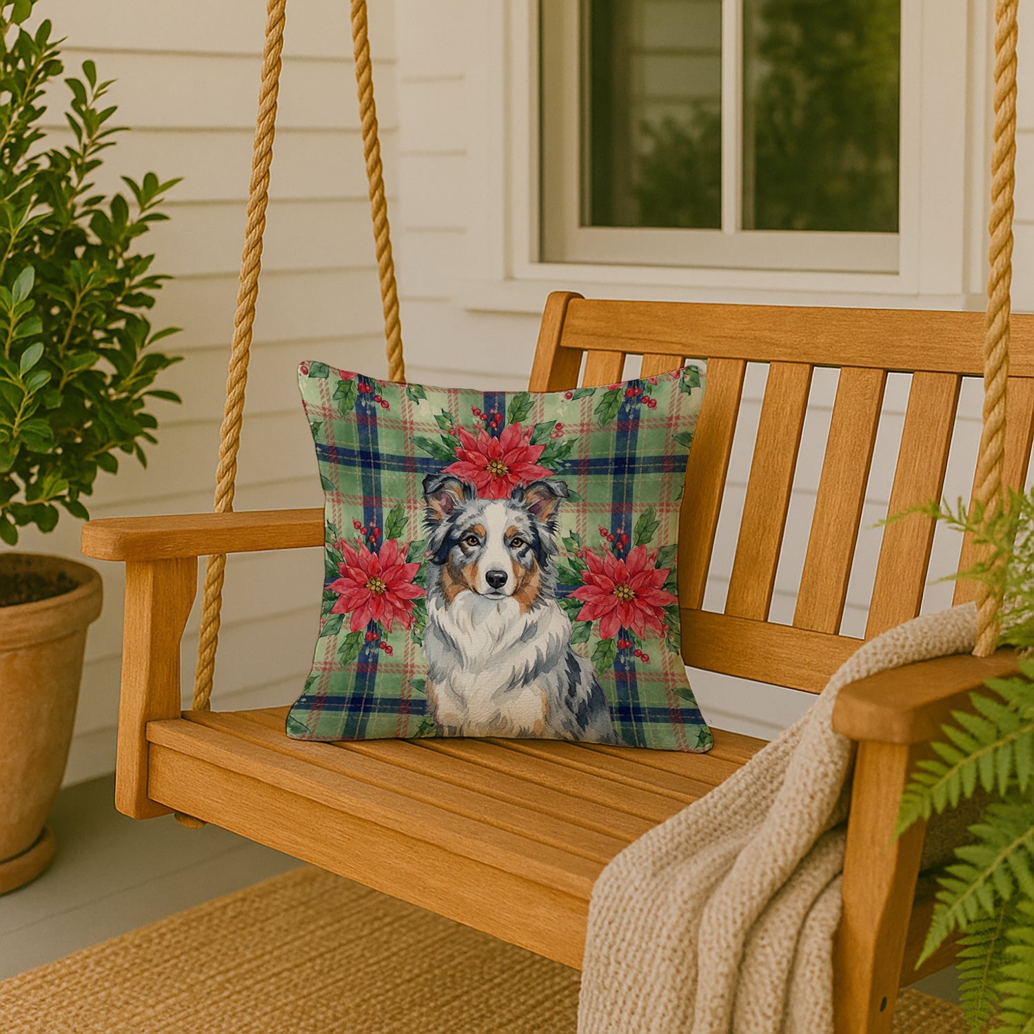 Blue Merle Border Collie Christmas PoinsettIas Decorative Throw Pillow 18x18 Indoor Outdoor Accent Cushion, Fabric Cover with Insert for Sofa, Bed, Porch & Living Room