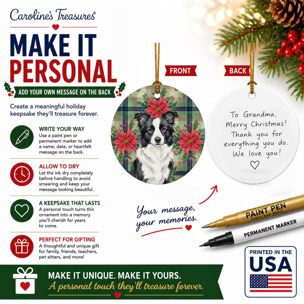 Border Collie Christmas PoinsettIas Ceramic Ornament Christmas Tree Hanging Decorations for Home Christmas Holiday, Party, Gift, 3 in, Multicolor