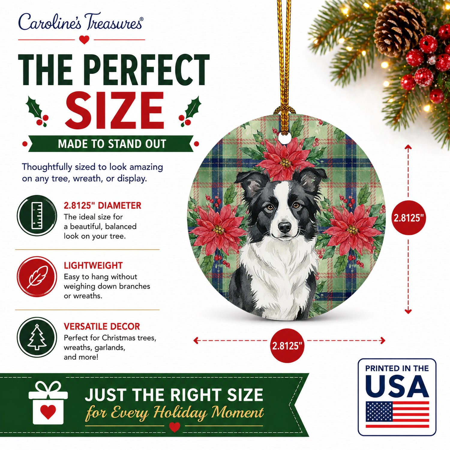 Border Collie Christmas PoinsettIas Ceramic Ornament Christmas Tree Hanging Decorations for Home Christmas Holiday, Party, Gift, 3 in, Multicolor
