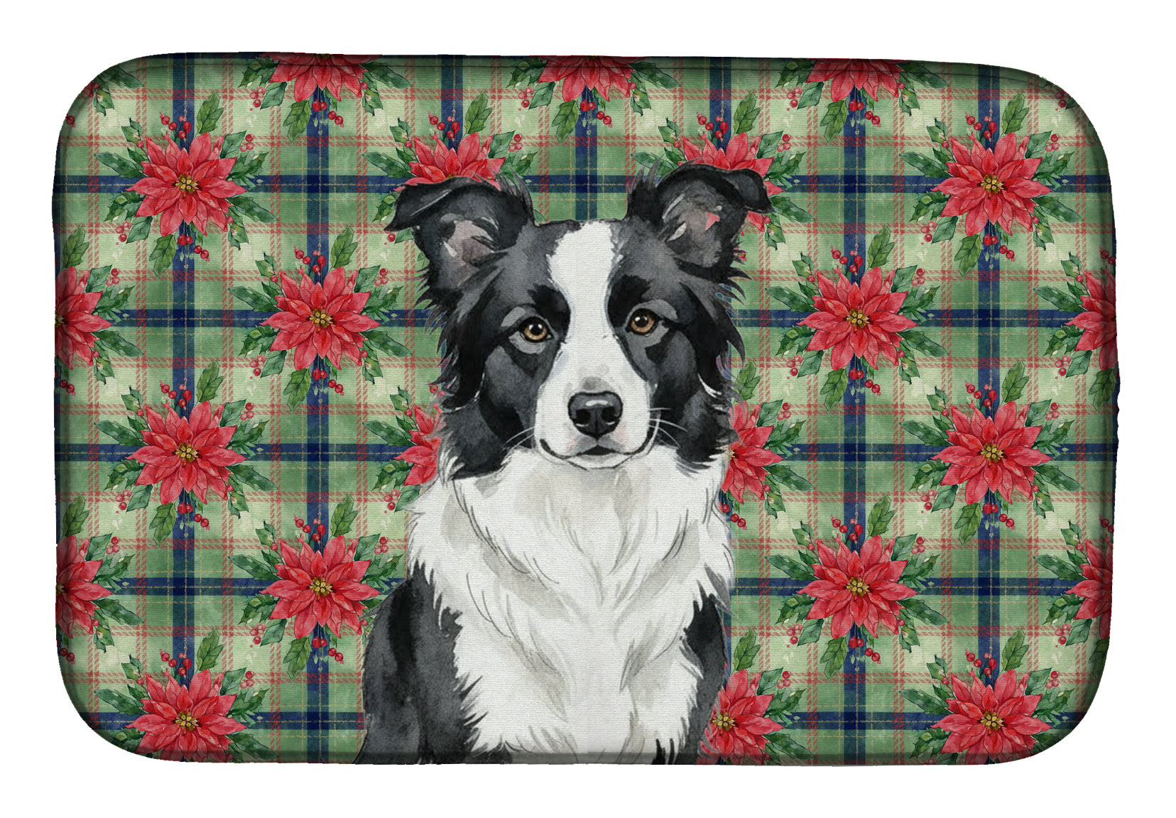 Border Collie Christmas PoinsettIas Dish Drying Mat Absorbent Dish Drying Mat Pad for Kitchen Counter Dish Drainer Mat for Countertop, 14 x 21", Multicolor