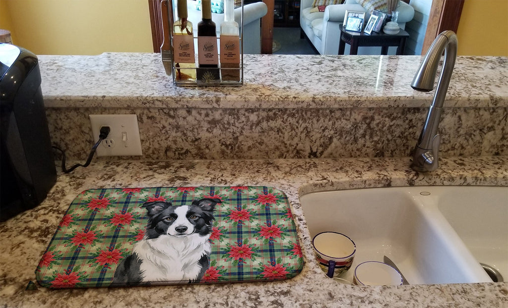 Border Collie Christmas PoinsettIas Dish Drying Mat Absorbent Dish Drying Mat Pad for Kitchen Counter Dish Drainer Mat for Countertop, 14 x 21", Multicolor