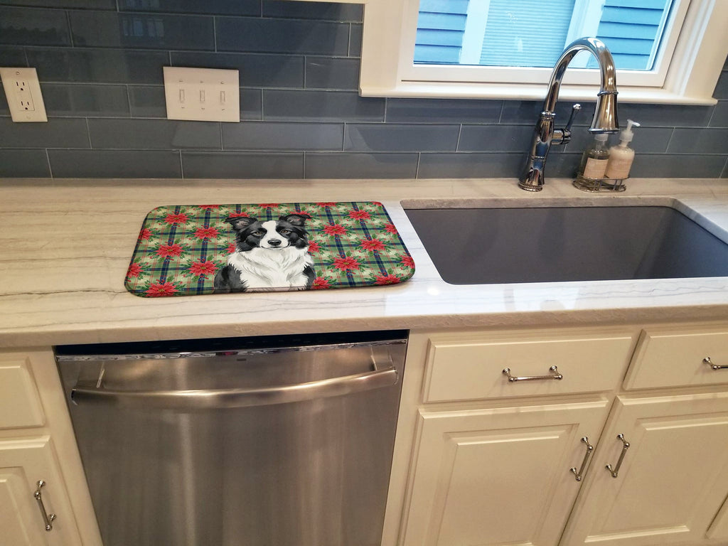 Border Collie Christmas PoinsettIas Dish Drying Mat Absorbent Dish Drying Mat Pad for Kitchen Counter Dish Drainer Mat for Countertop, 14 x 21", Multicolor