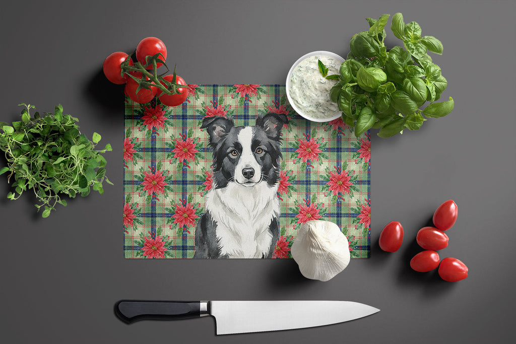 Border Collie Christmas PoinsettIas Cutting Board Tempered Glass Kitchen Cutting Surface, Heat Resistant Chopping, Non-Slip Feet, Food Prep & Serving