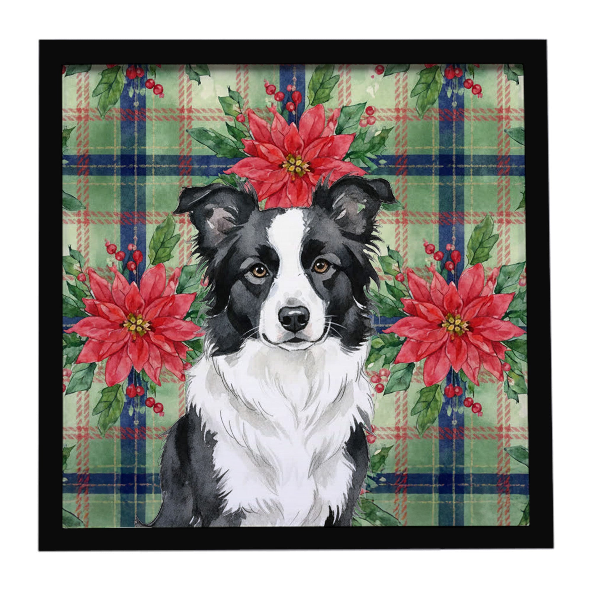 Border Collie Christmas PoinsettIas Framed Metal Print Bathroom, Kitchen, Office, Home Decor Wall Art Ready to Hang, Square, 8X8