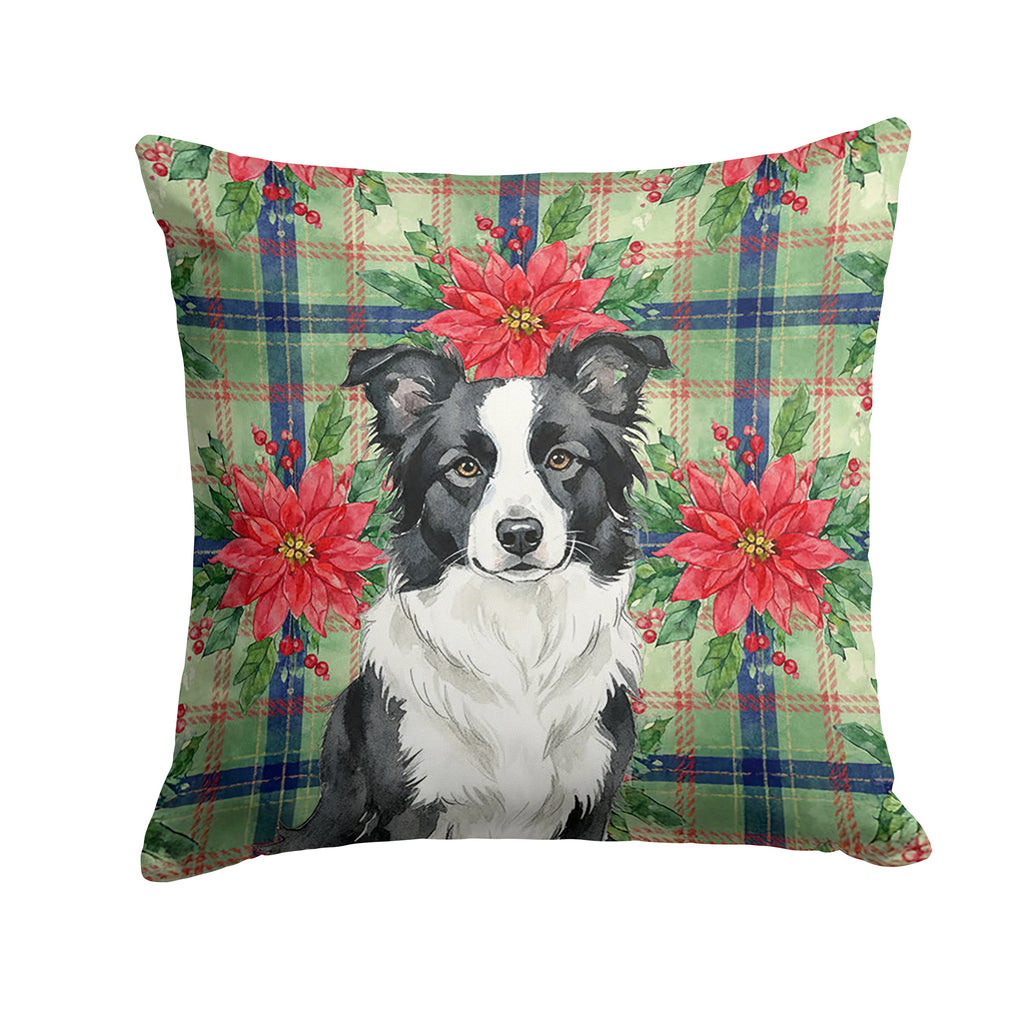 Border Collie Christmas PoinsettIas Decorative Throw Pillow 14x14 Indoor Outdoor Accent Cushion, Fabric Cover with Insert for Sofa, Bed, Porch & Living Room