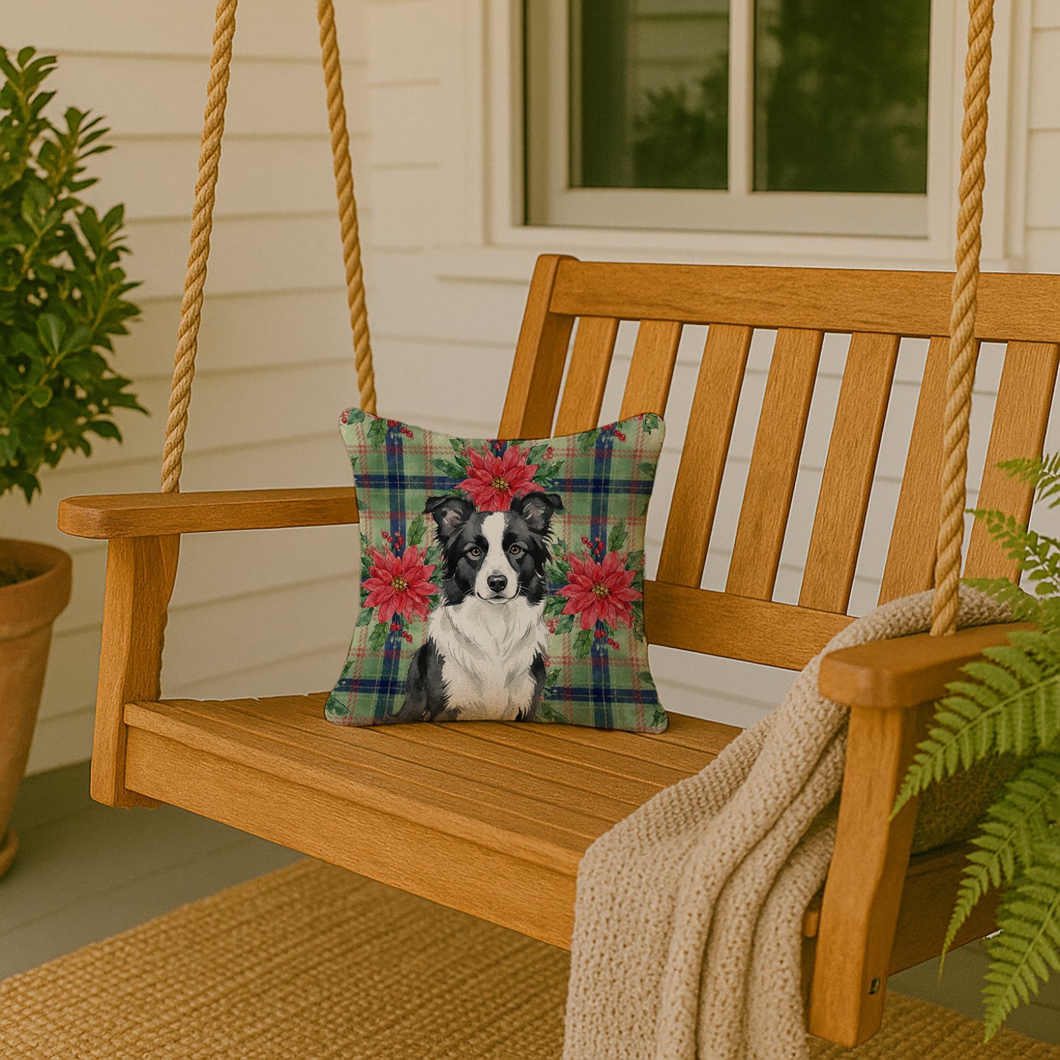 Border Collie Christmas PoinsettIas Decorative Throw Pillow 14x14 Indoor Outdoor Accent Cushion, Fabric Cover with Insert for Sofa, Bed, Porch & Living Room