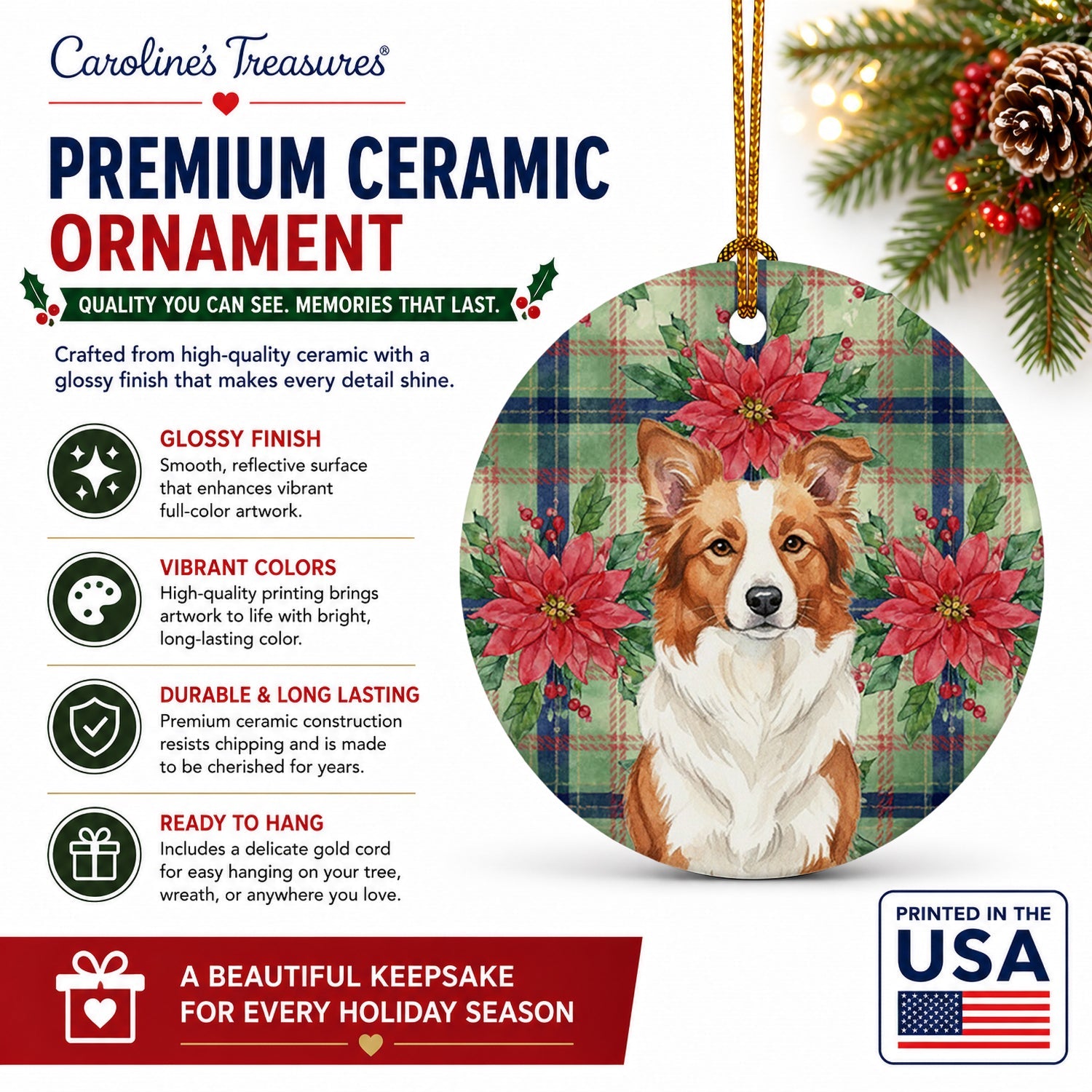 Red and White Border Collie Christmas PoinsettIas Ceramic Ornament Christmas Tree Hanging Decorations for Home Christmas Holiday, Party, Gift, 3 in, Multicolor