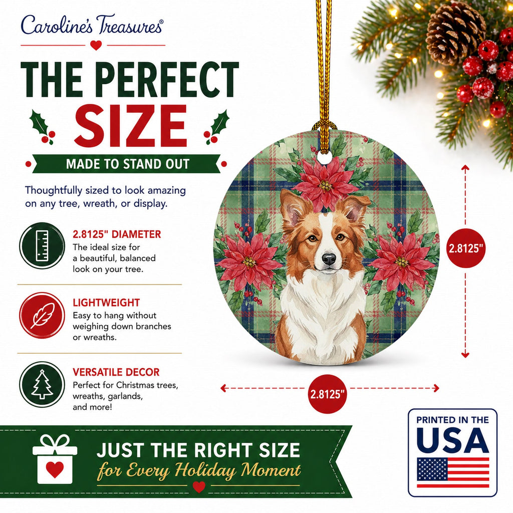 Red and White Border Collie Christmas PoinsettIas Ceramic Ornament Christmas Tree Hanging Decorations for Home Christmas Holiday, Party, Gift, 3 in, Multicolor