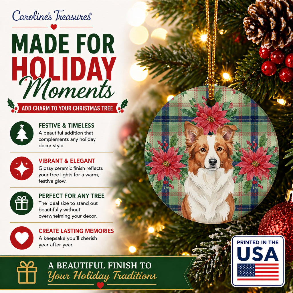Red and White Border Collie Christmas PoinsettIas Ceramic Ornament Christmas Tree Hanging Decorations for Home Christmas Holiday, Party, Gift, 3 in, Multicolor