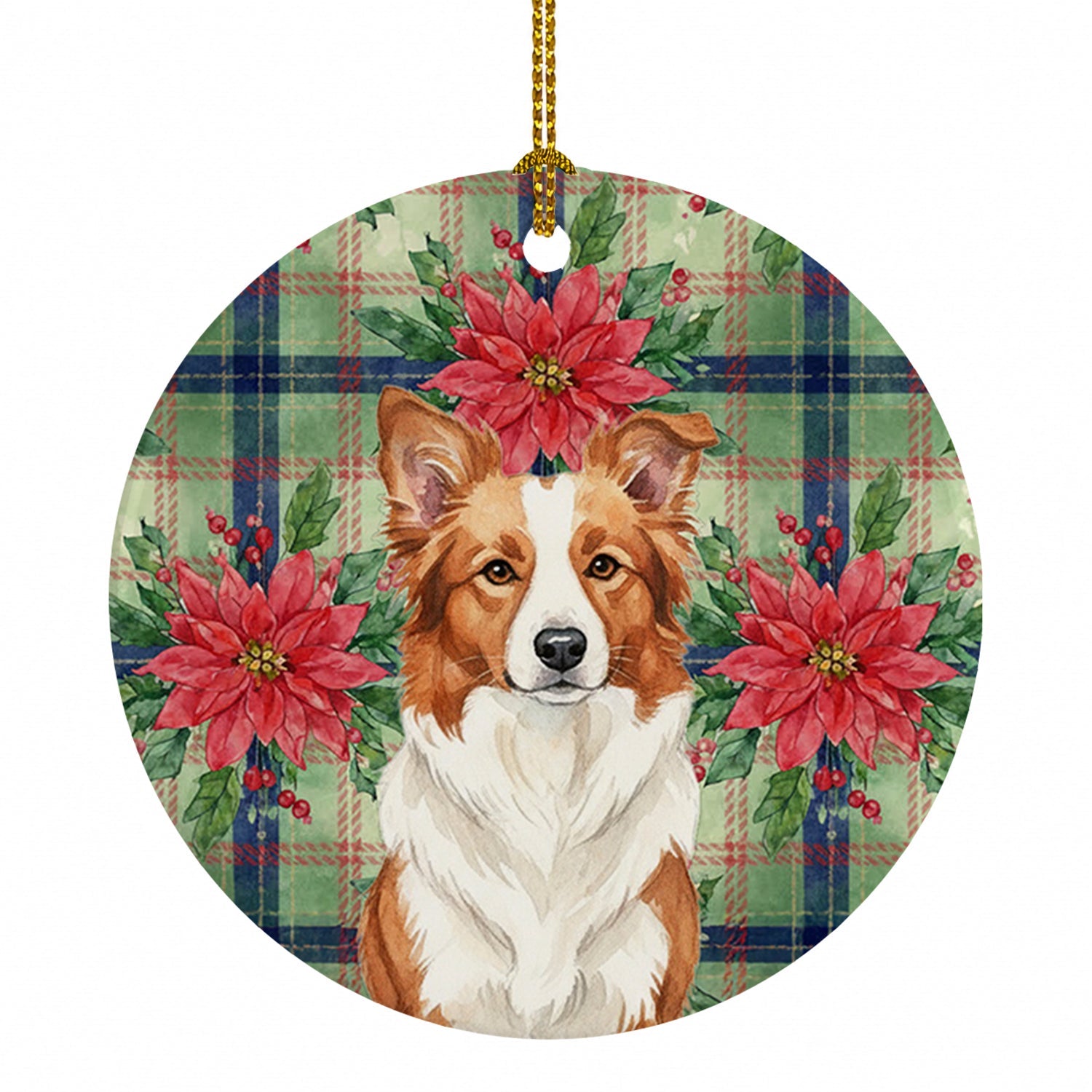 Red and White Border Collie Christmas PoinsettIas Ceramic Ornament Christmas Tree Hanging Decorations for Home Christmas Holiday, Party, Gift, 3 in, Multicolor