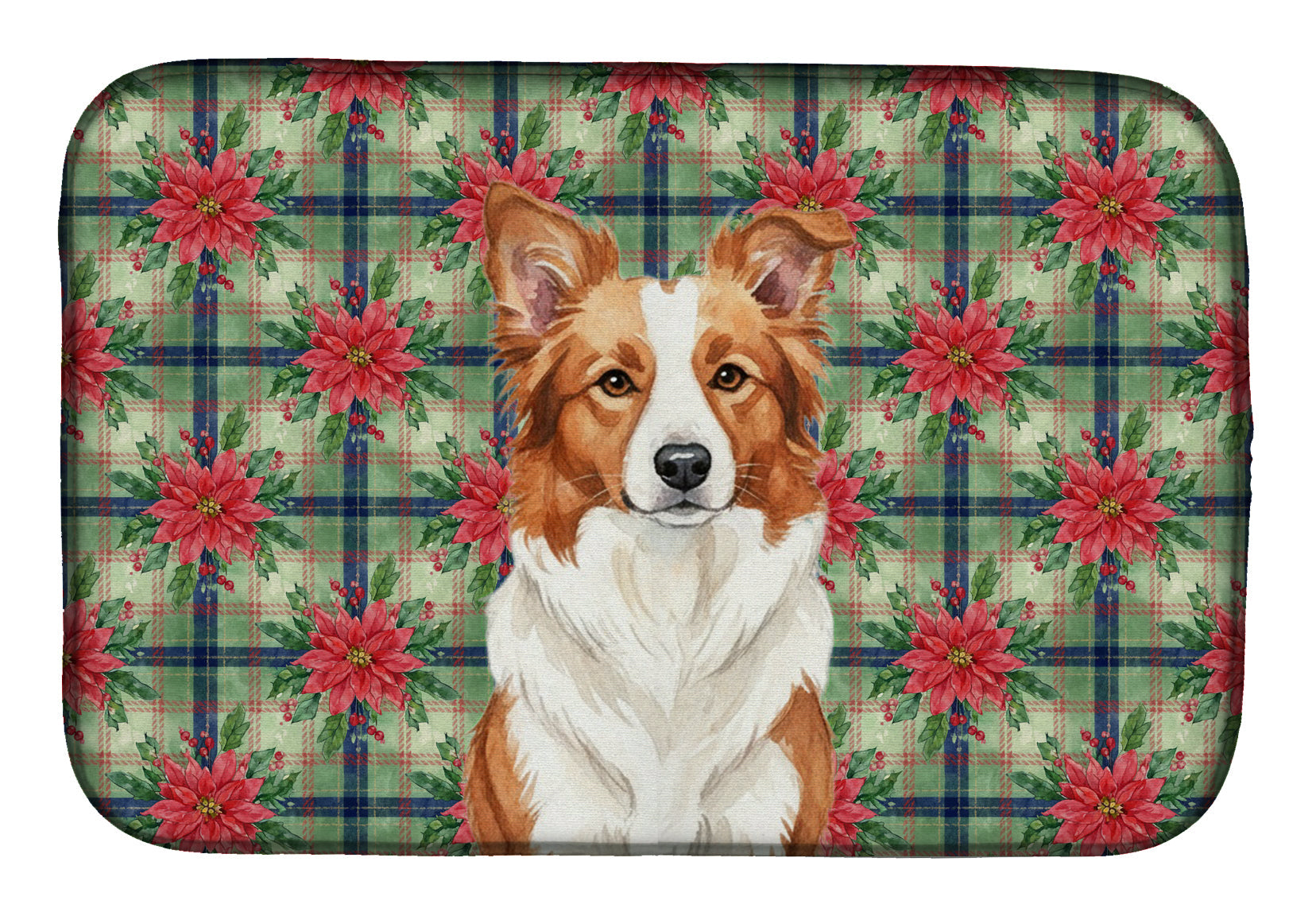 Red and White Border Collie Christmas PoinsettIas Dish Drying Mat Absorbent Dish Drying Mat Pad for Kitchen Counter Dish Drainer Mat for Countertop, 14 x 21", Multicolor