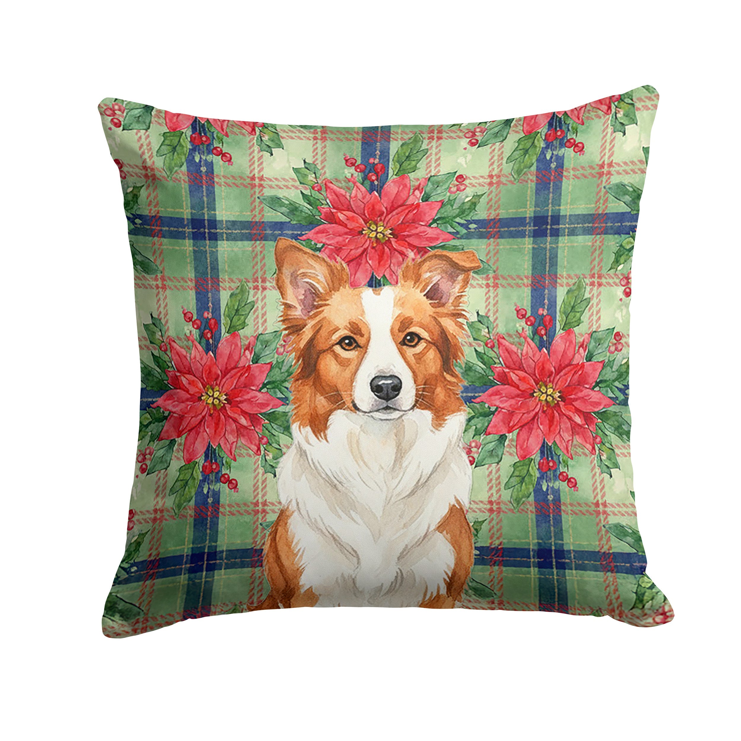 Red and White Border Collie Christmas PoinsettIas Decorative Throw Pillow 14x14 Indoor Outdoor Accent Cushion, Fabric Cover with Insert for Sofa, Bed, Porch & Living Room
