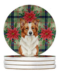 Red and White Border Collie Christmas PoinsettIas Large Sandstone Coasters Pack of 4 Absorbent Round Coasters Decor Gifts for Men or Women, 4 in, Multicolor