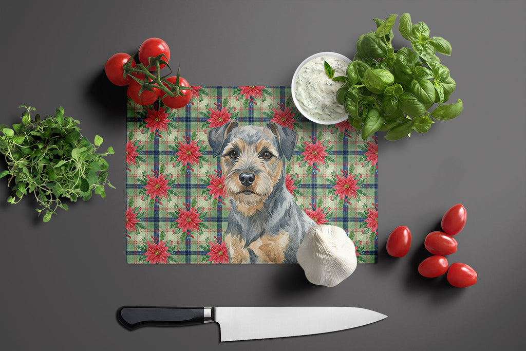 Blue and Tan Border Terrier Christmas PoinsettIas Cutting Board Tempered Glass Kitchen Cutting Surface, Heat Resistant Chopping, Non-Slip Feet, Food Prep & Serving