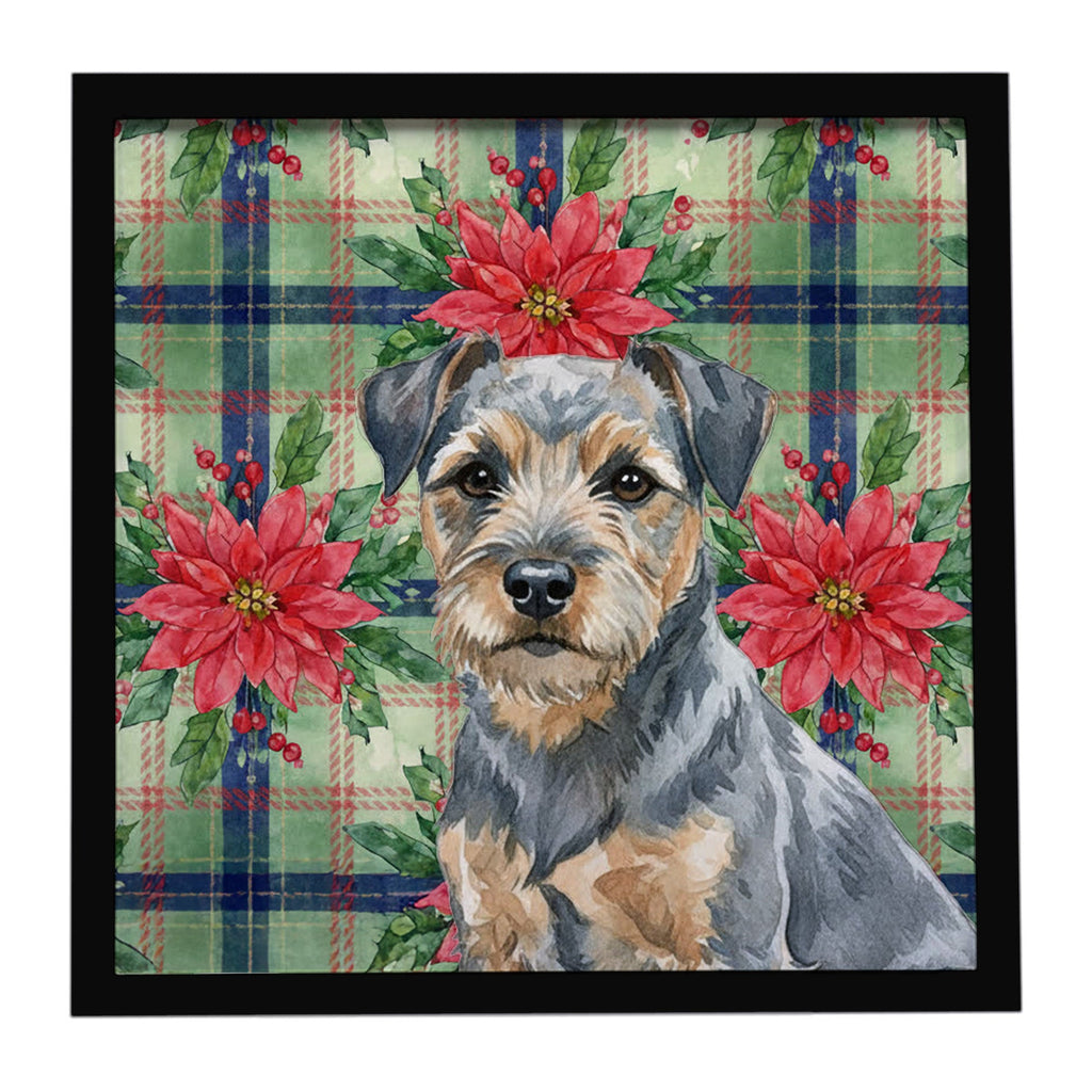 Blue and Tan Border Terrier Christmas PoinsettIas Framed Metal Print Bathroom, Kitchen, Office, Home Decor Wall Art Ready to Hang, Square, 8X8