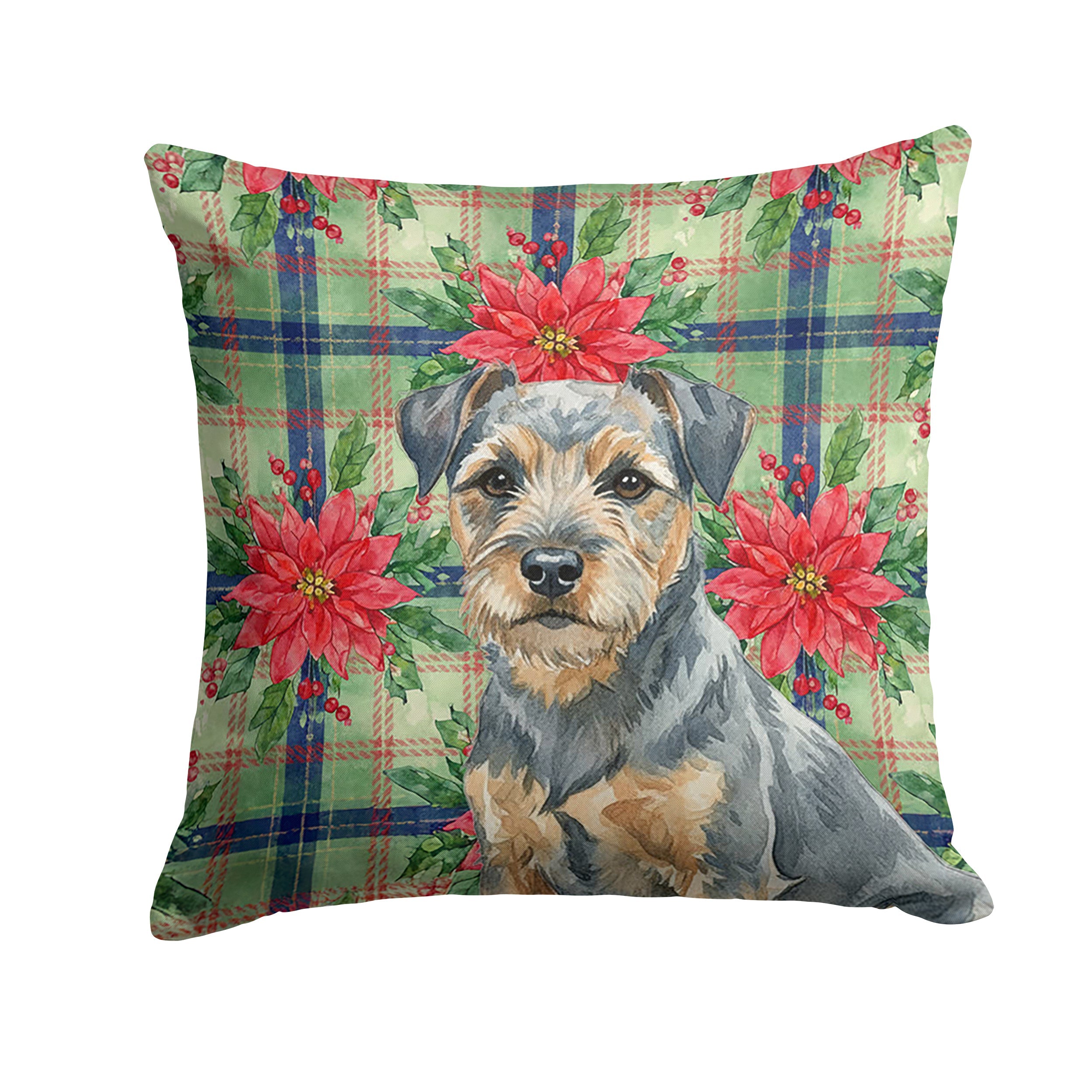Blue and Tan Border Terrier Christmas PoinsettIas Decorative Throw Pillow 18x18 Indoor Outdoor Accent Cushion, Fabric Cover with Insert for Sofa, Bed, Porch & Living Room