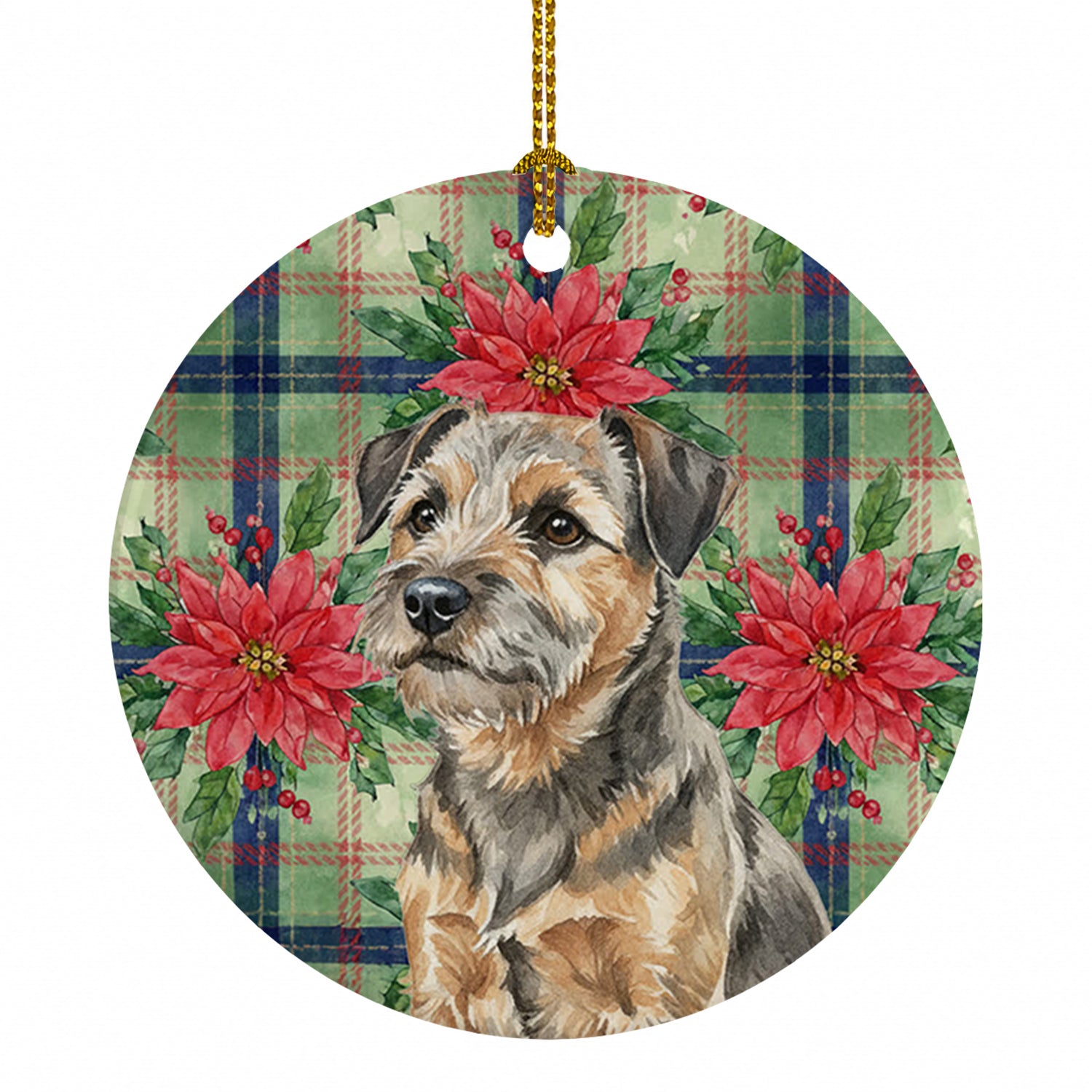 Grizzle and Tan Border Terrier Christmas PoinsettIas Ceramic Ornament Christmas Tree Hanging Decorations for Home Christmas Holiday, Party, Gift, 3 in, Multicolor