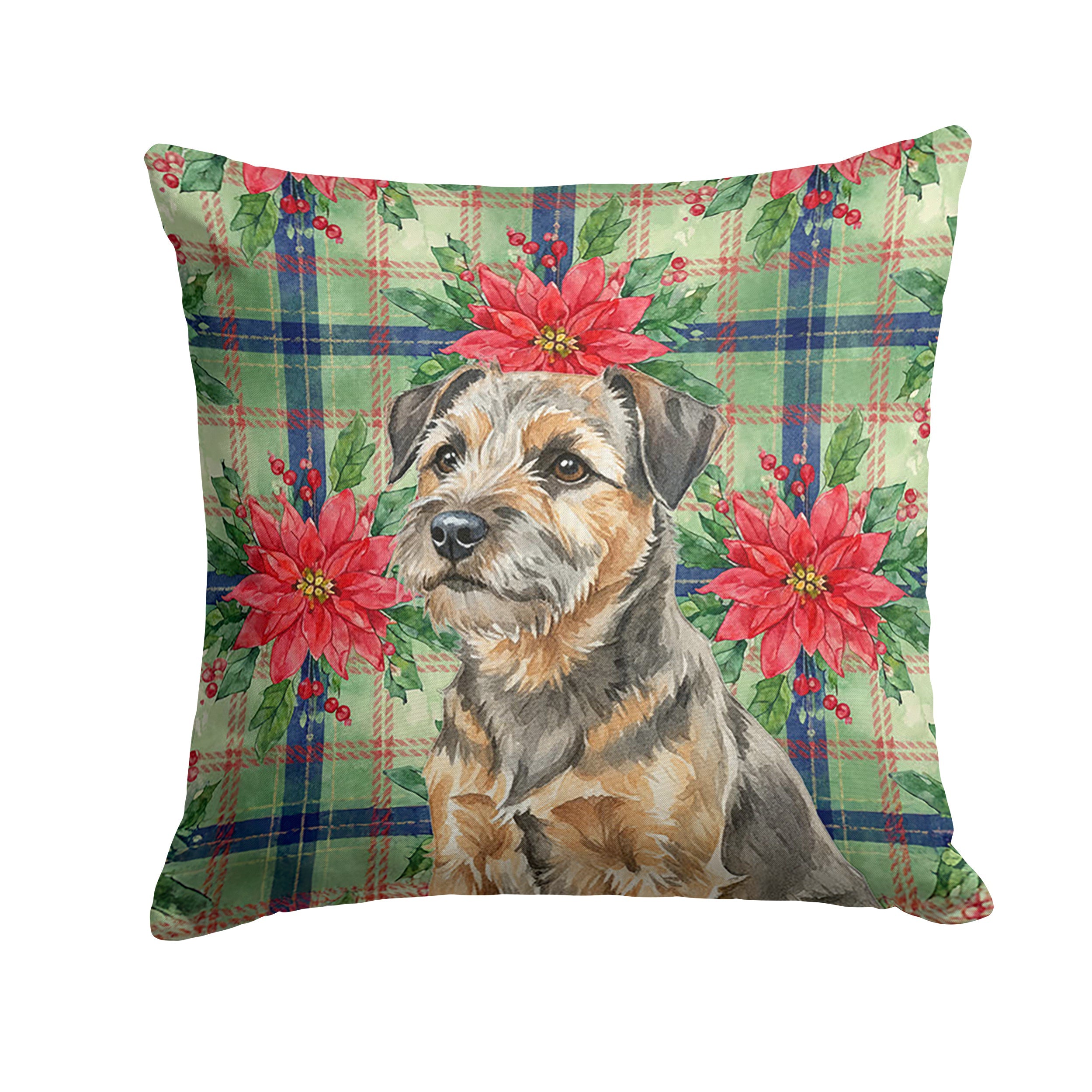 Grizzle and Tan Border Terrier Christmas PoinsettIas Decorative Throw Pillow 14x14 Indoor Outdoor Accent Cushion, Fabric Cover with Insert for Sofa, Bed, Porch & Living Room