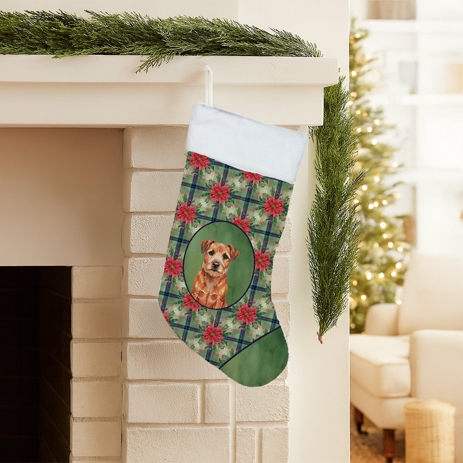 Red Border Terrier Christmas PoinsettIas Holiday Stocking Double-Sided Print, Polyester Suede,11x18, Made in USA