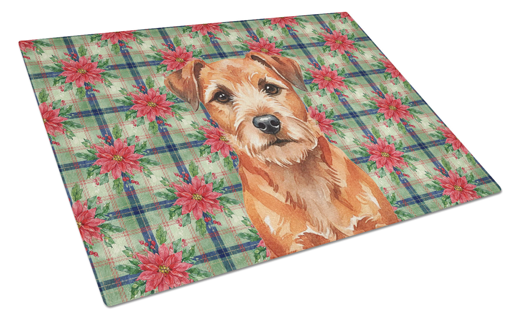 Red Border Terrier Christmas PoinsettIas Cutting Board Tempered Glass Kitchen Cutting Surface, Heat Resistant Chopping, Non-Slip Feet, Food Prep & Serving