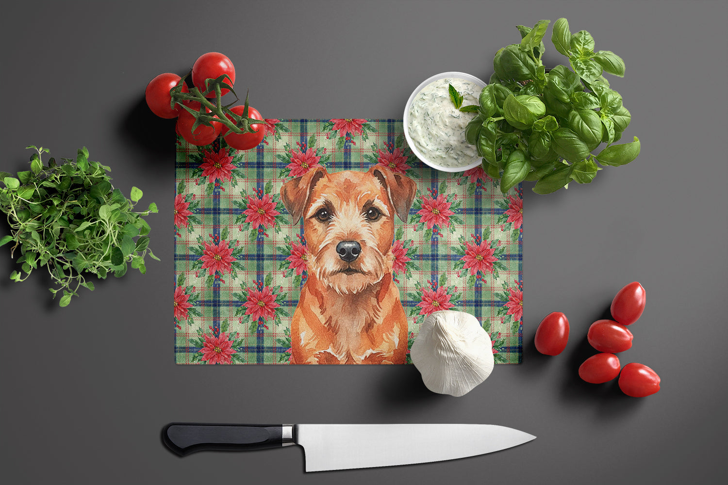 Red Border Terrier Christmas PoinsettIas Cutting Board Tempered Glass Kitchen Cutting Surface, Heat Resistant Chopping, Non-Slip Feet, Food Prep & Serving