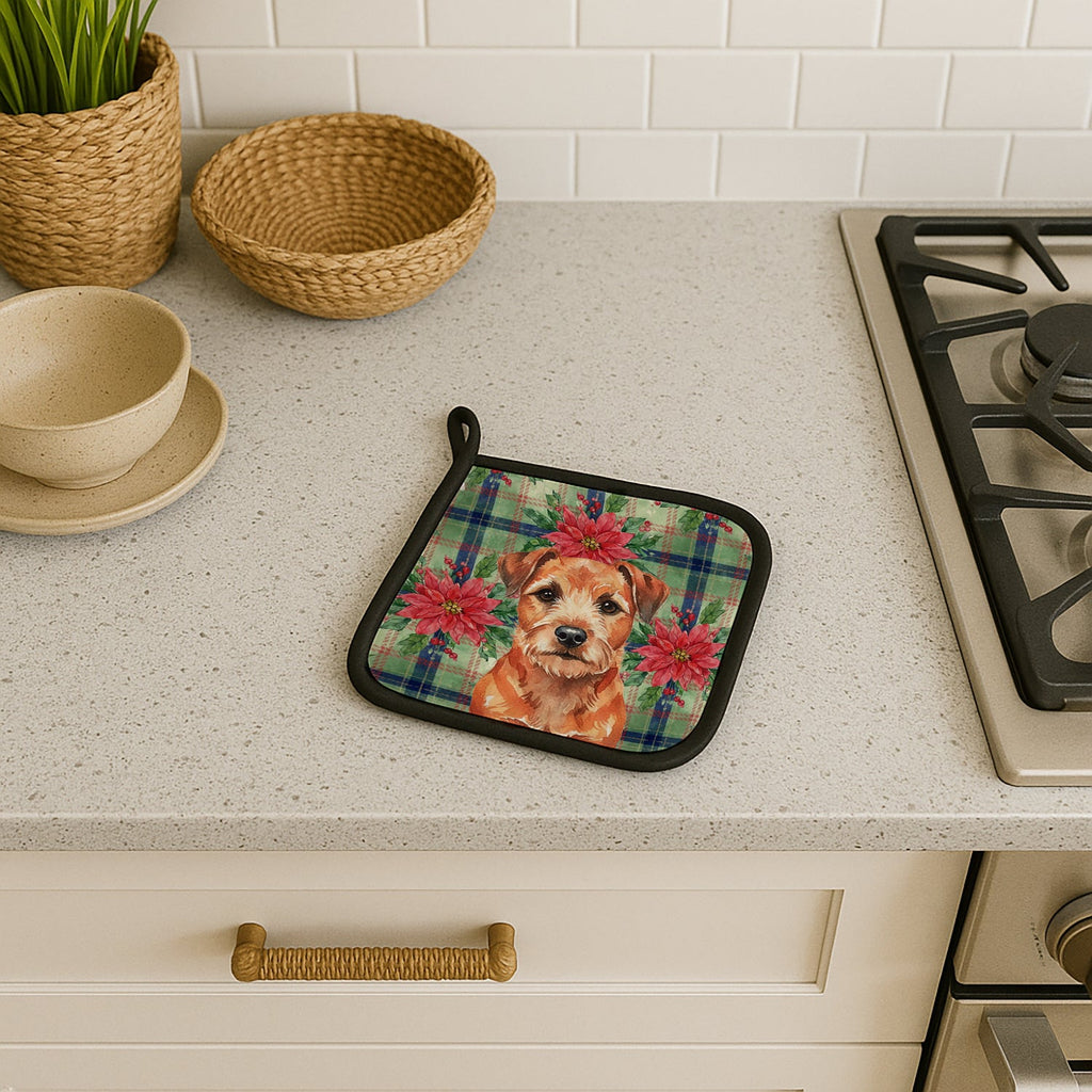 Red Border Terrier Christmas PoinsettIas Pot Holder Set of 2 Heat Resistant Quilted Hot Pads 7.5 x 7.5 Inch, Insulated Kitchen Trivets for Cooking & Baking