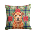 Red Border Terrier Christmas PoinsettIas Decorative Throw Pillow 14x14 Indoor Outdoor Accent Cushion, Fabric Cover with Insert for Sofa, Bed, Porch & Living Room